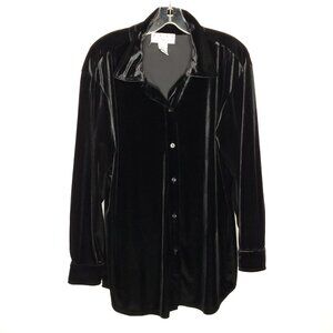 Black Velvet Shirt Top Button Front M Velour Stretch Witchy Goth Vintage 90s Y2K